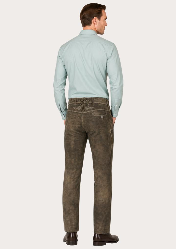Stylish distressed suede leather pants for men combining heritage and modern fashion
