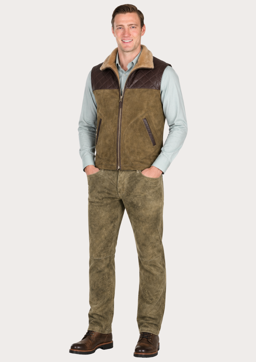 Premium men's suede pants with a rich olive brown finish and durable craftsmanship