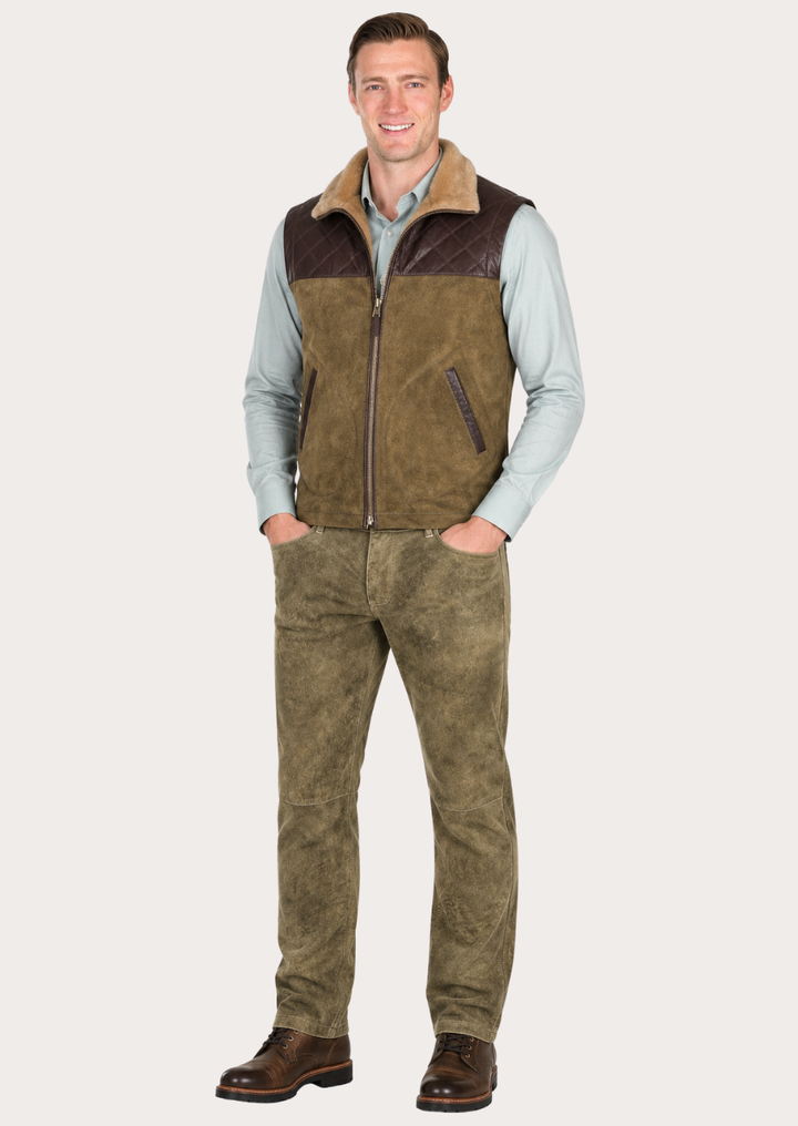 Premium men's suede pants with a rich olive brown finish and durable craftsmanship