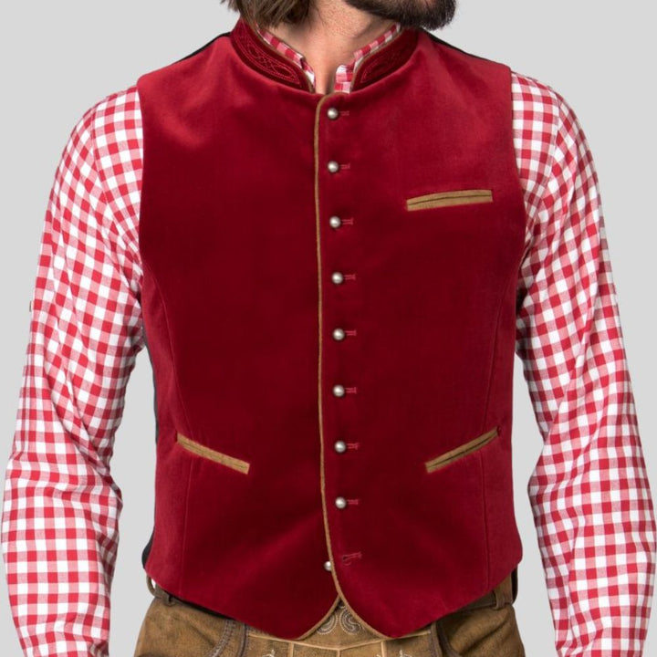 Crafted for festive occasions, this red velvet Trachten vest offers the perfect blend of tradition and bold, stylish appeal.