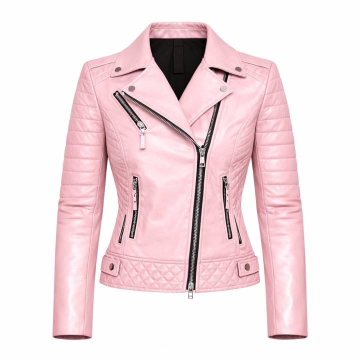 Pink leather biker quilted jacket with stylish design for women