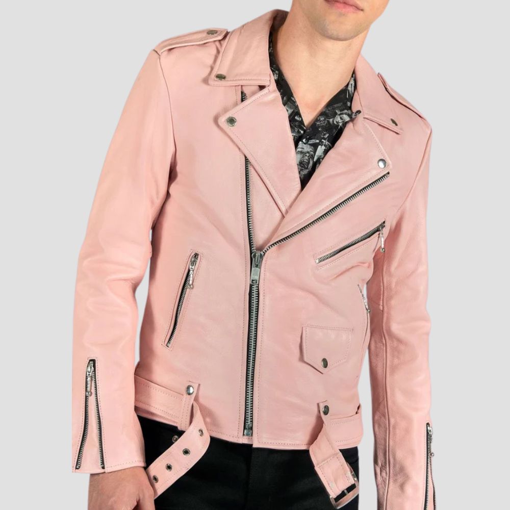 Add a pop of color to your riding wardrobe with this sleek pink leather motorcycle jacket, designed for modern biker style.