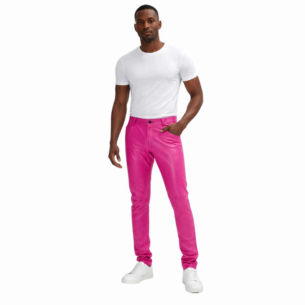 Men pink leather trousers with modern slim fit