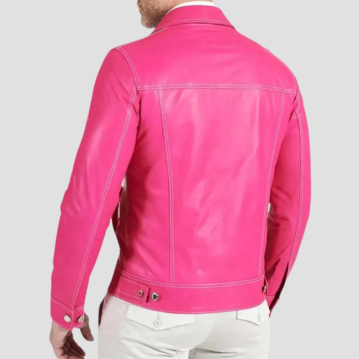 Stylish pink leather shirt for men featuring snap-button closures and chest pockets.