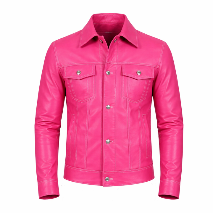 Pink leather trucker shirt stylish men’s casual fashion wear
