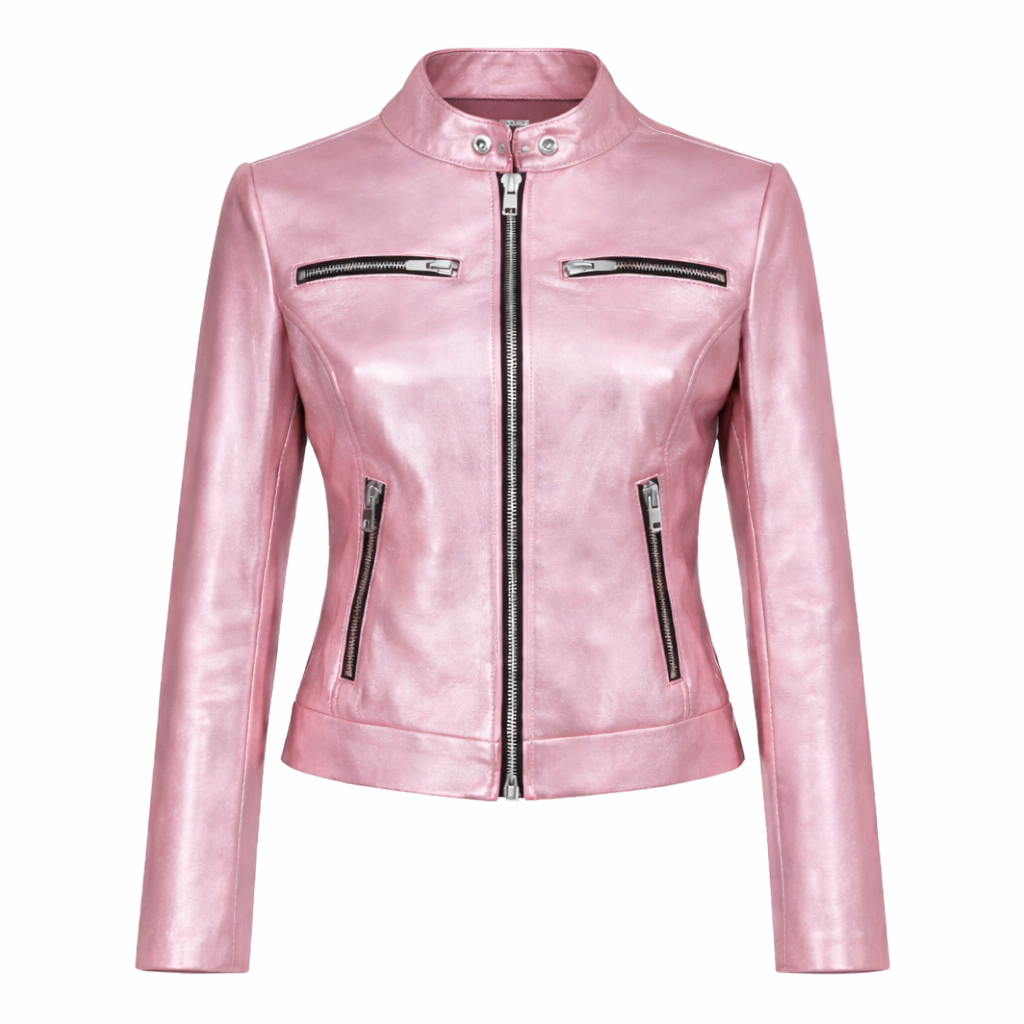 Pink metallic leather jacket with modern fashion design
