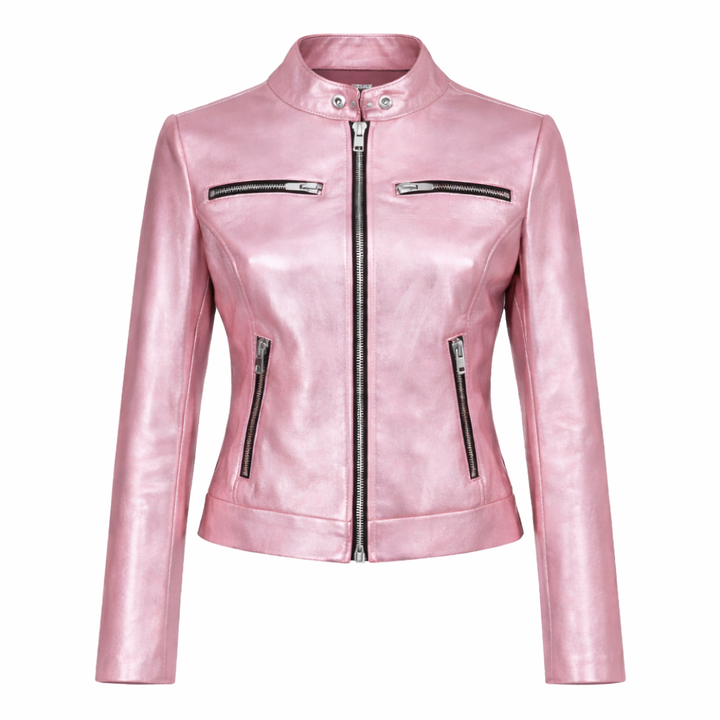 Pink metallic leather jacket with modern fashion design