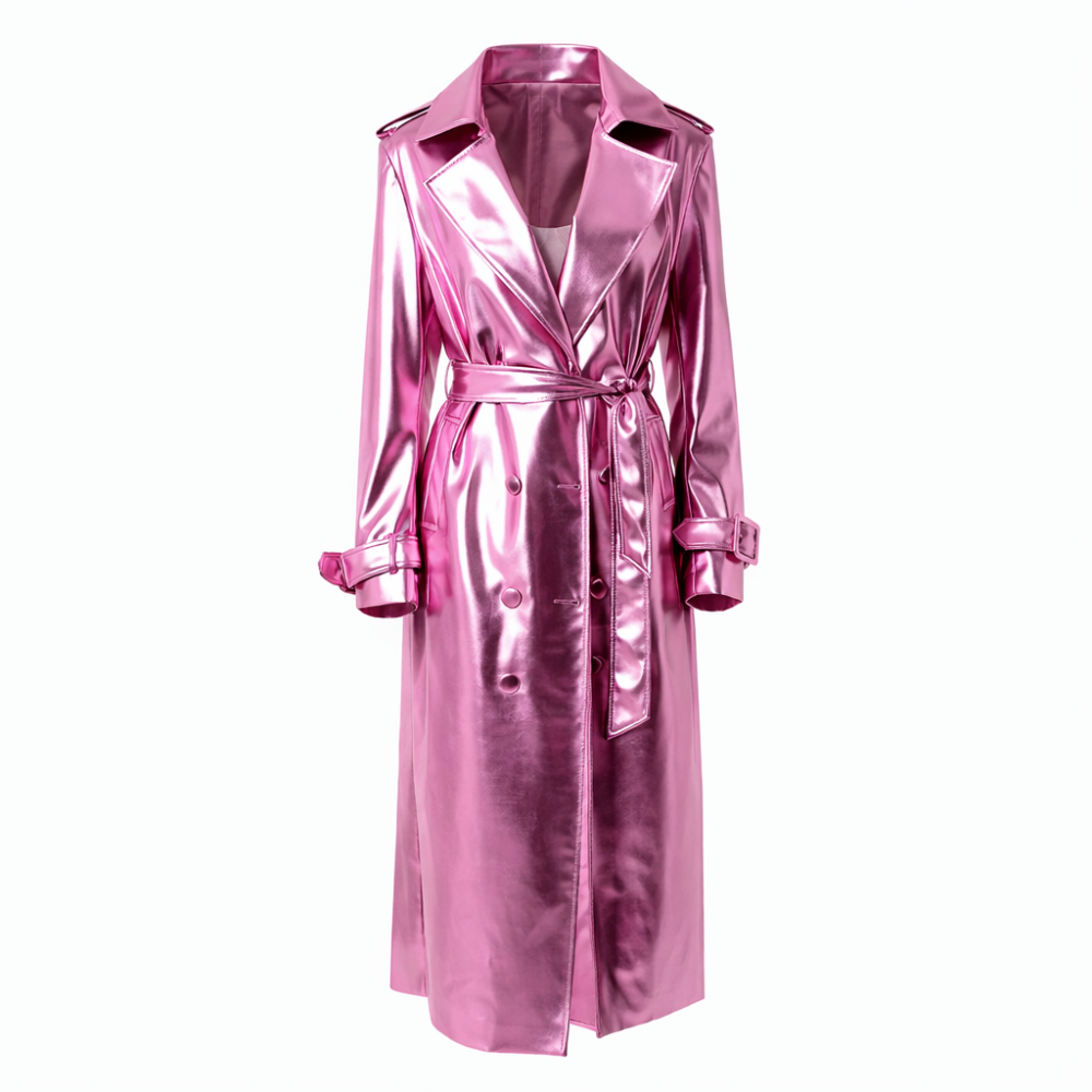 Pink metallic leather trench coat with shiny finish