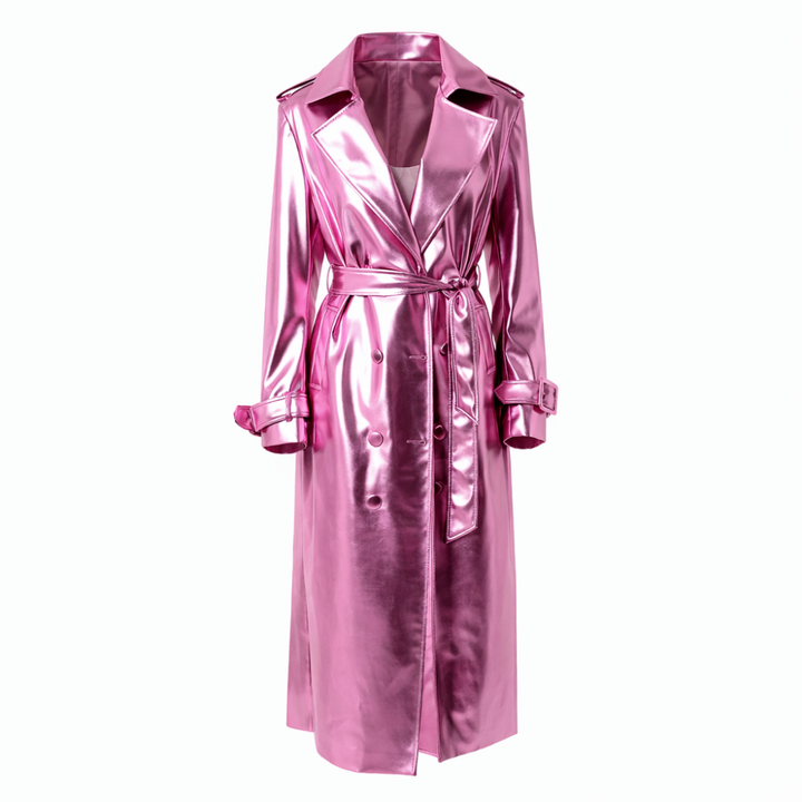 Pink metallic leather trench coat with shiny finish