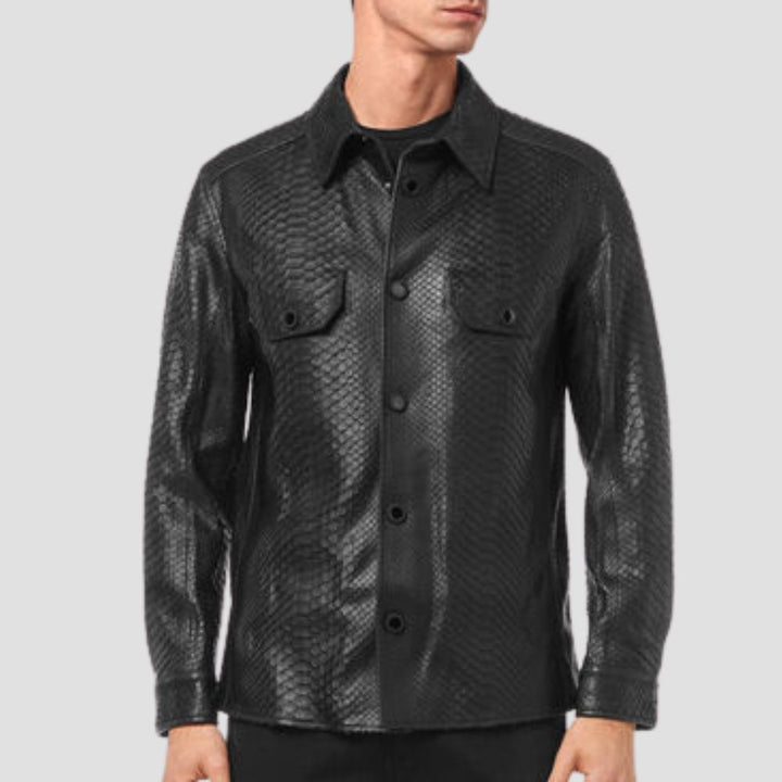 High-quality men’s black leather shirt with crocodile embossed design.