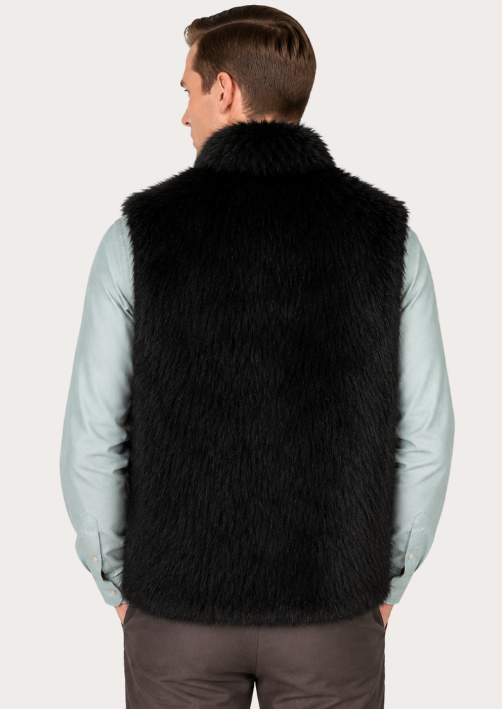 Premium black faux fur outerwear vest for men with soft texture.
