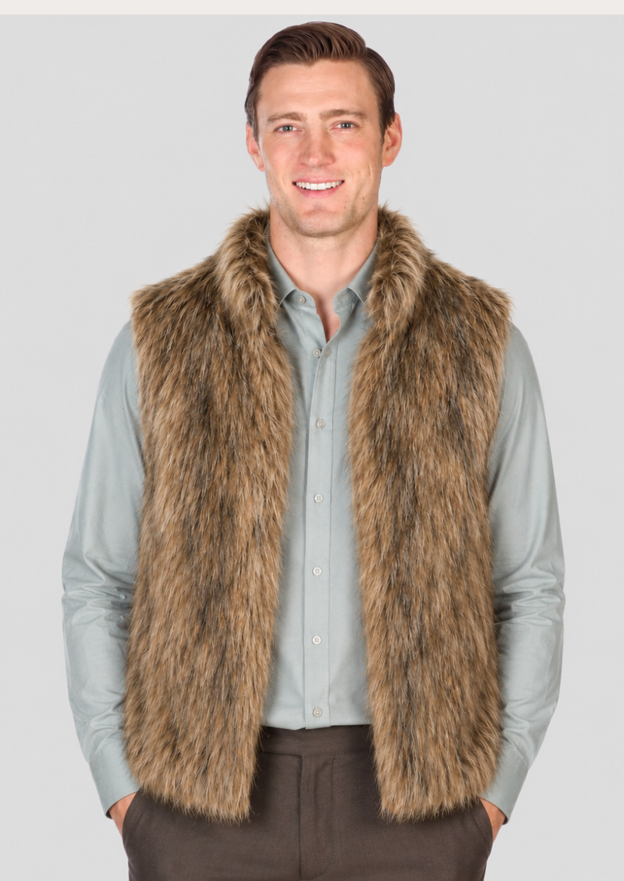 Premium brown faux fur winter vest for men with soft inner lining.