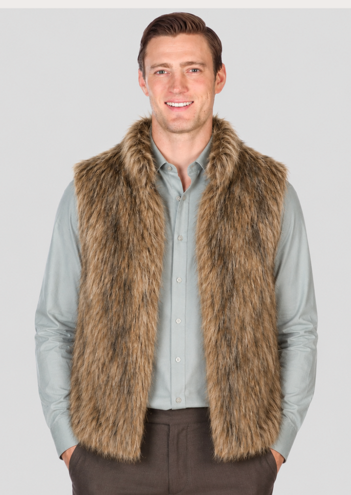 Premium brown faux fur winter vest for men with soft inner lining.
