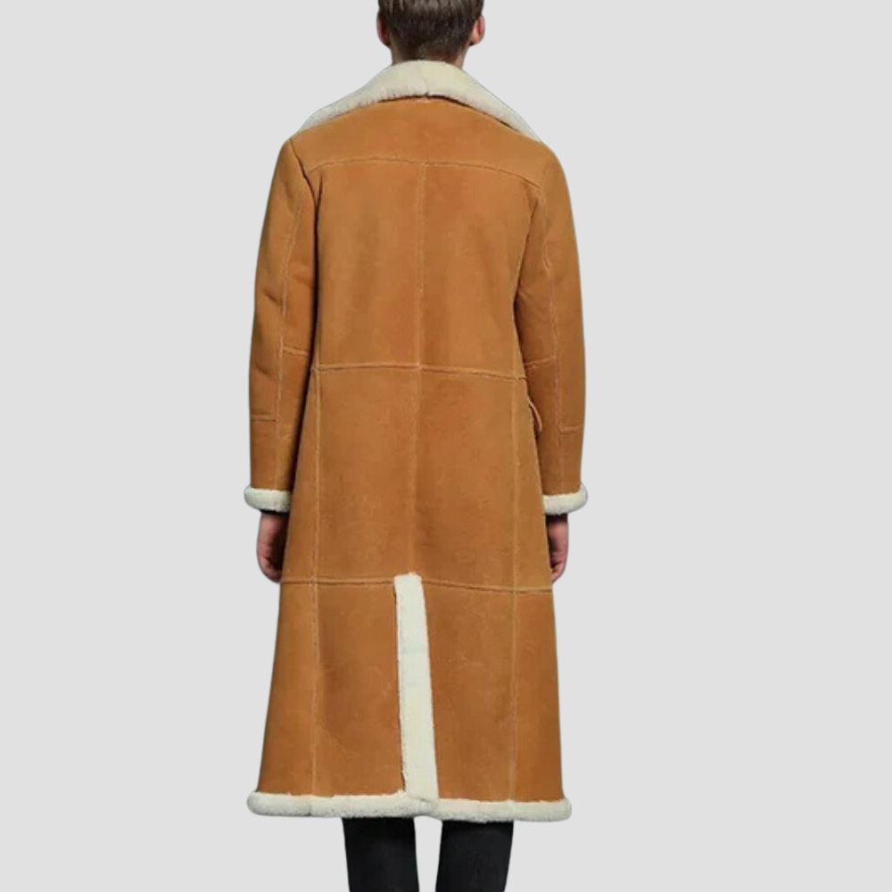 Elevate your winter wardrobe with a high-quality brown B3 bomber shearling trench coat for men.