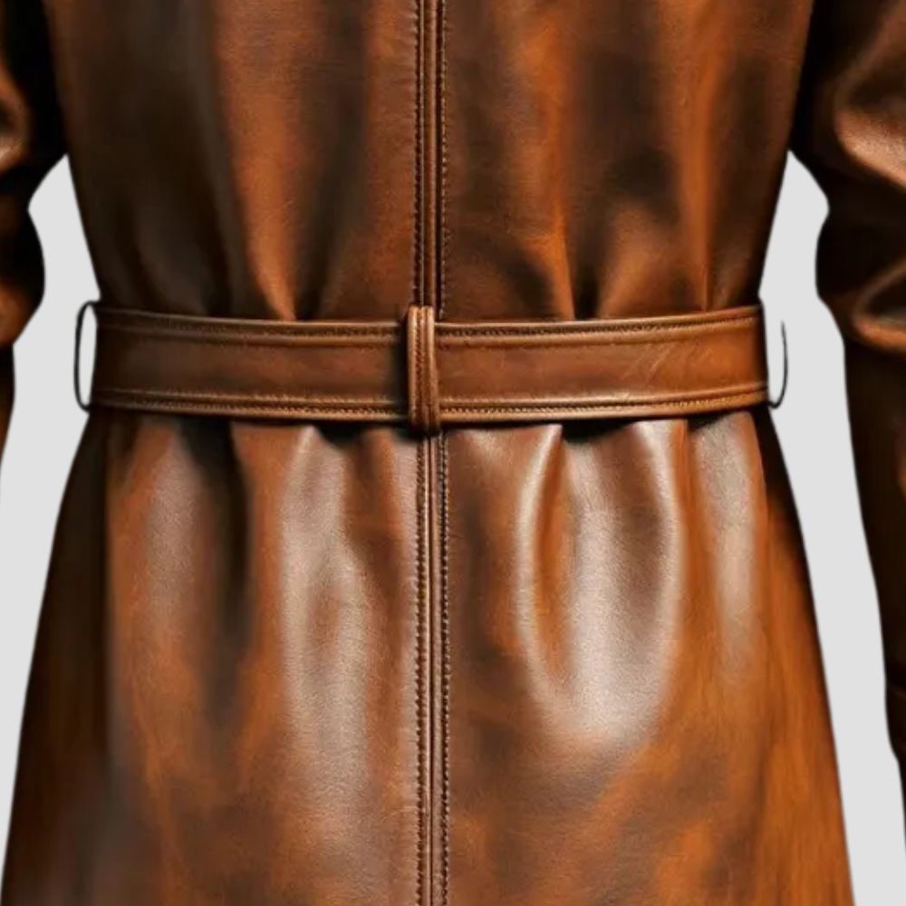 Stylish brown leather trench coat with polyester lining for comfort