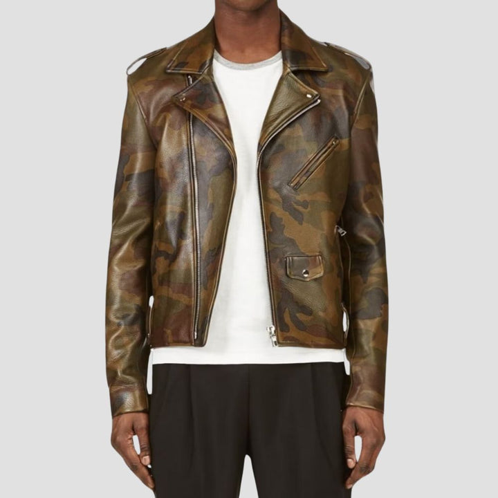 Experience the perfect blend of durability and style with this premium camo leather motorcycle jacket for men.