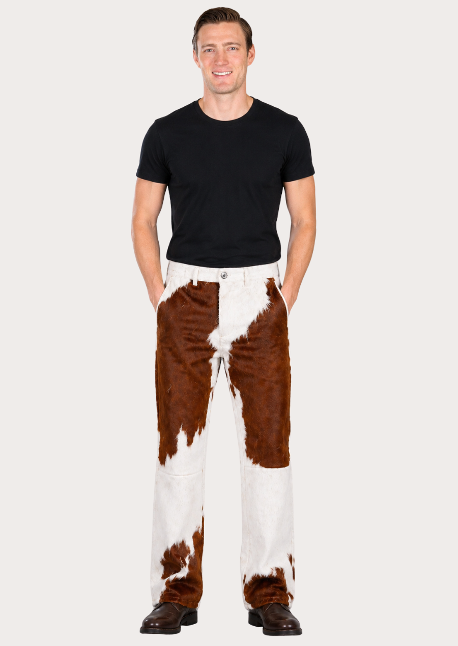 Premium cowhide leather pants with natural hair-on texture and rugged appeal