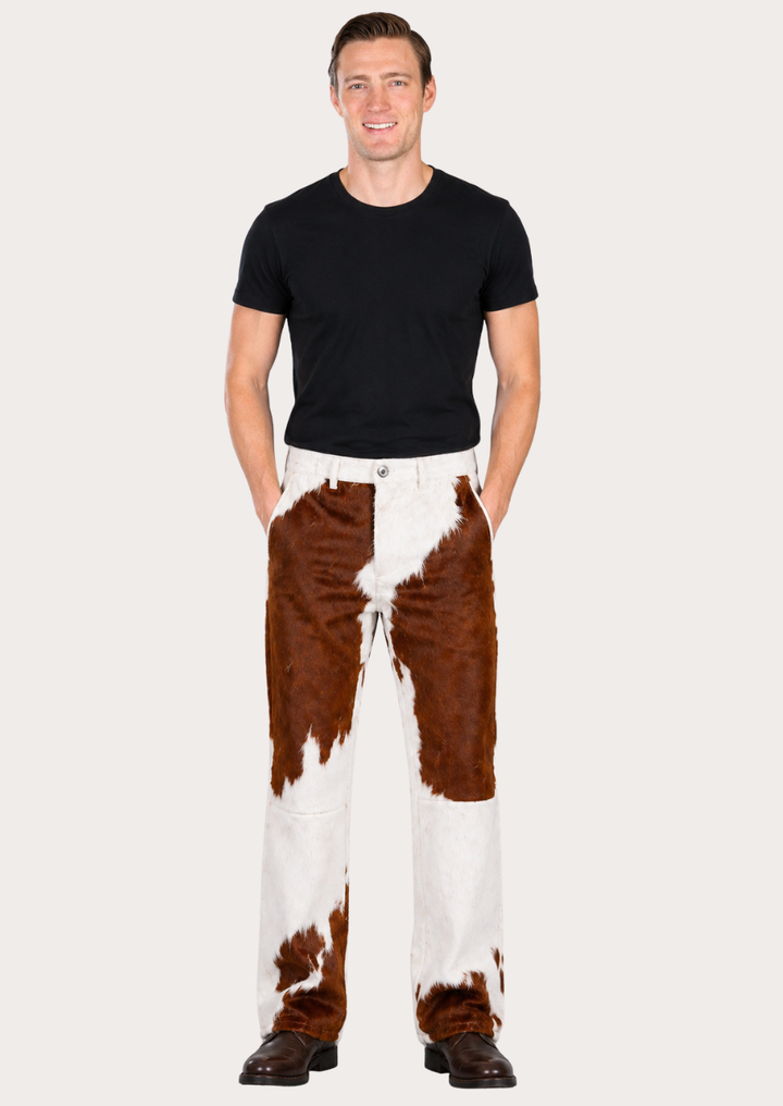 Premium cowhide leather pants with natural hair-on texture and rugged appeal