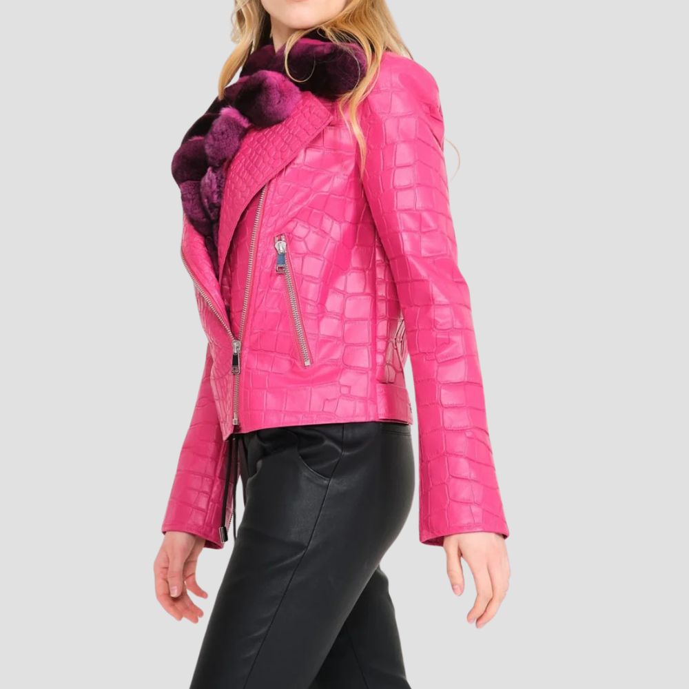 Stay stylish with this premium crocodile pattern leather jacket for women. The textured crocodile leather creates a statement piece, perfect for a modern fashion look.