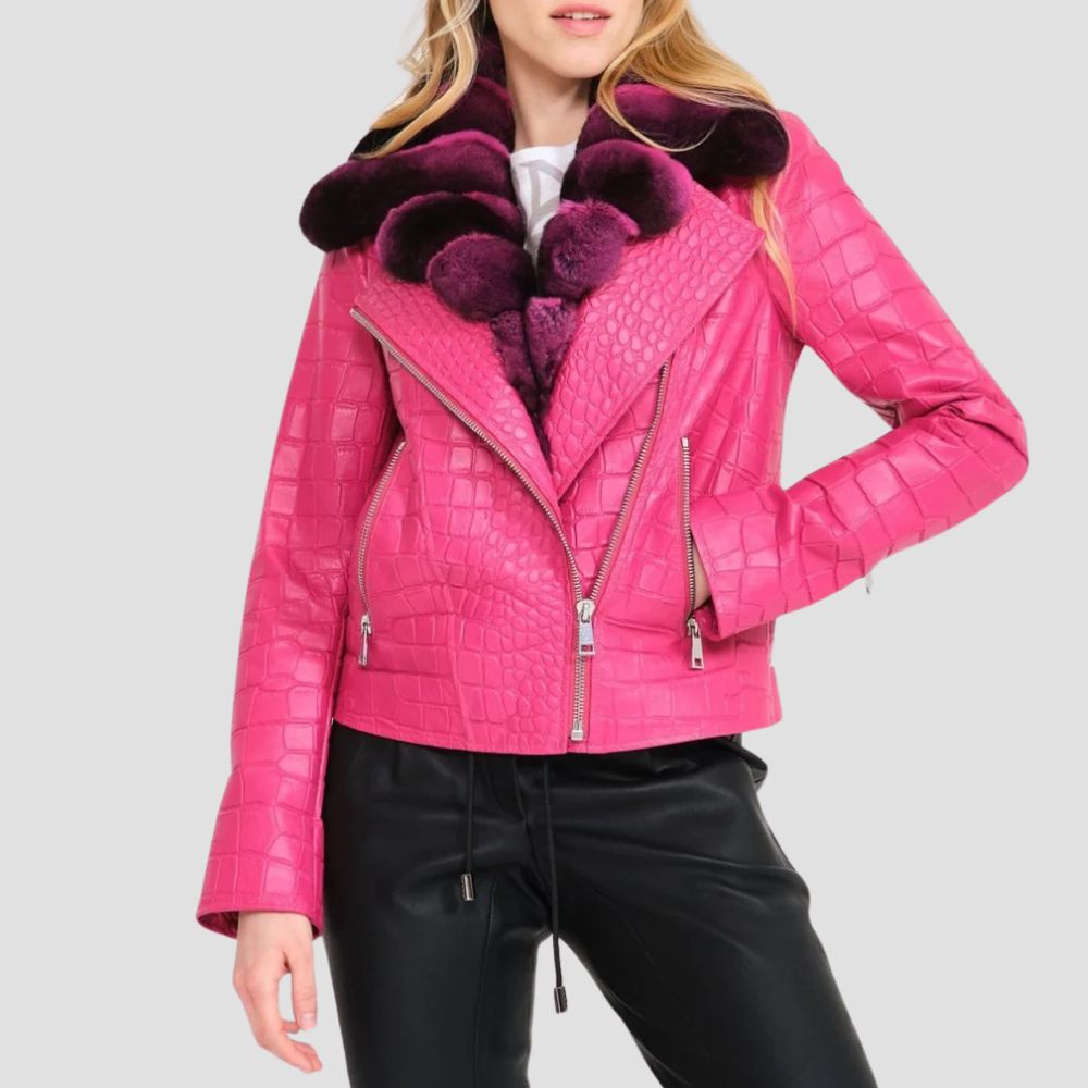 This premium crocodile pattern leather jacket offers modern women a luxurious, bold look. The textured leather and sharp silhouette make it perfect for chic occasions.
