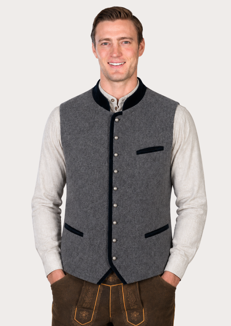 Premium gray wool Trachten vest featuring authentic Bavarian heritage styling