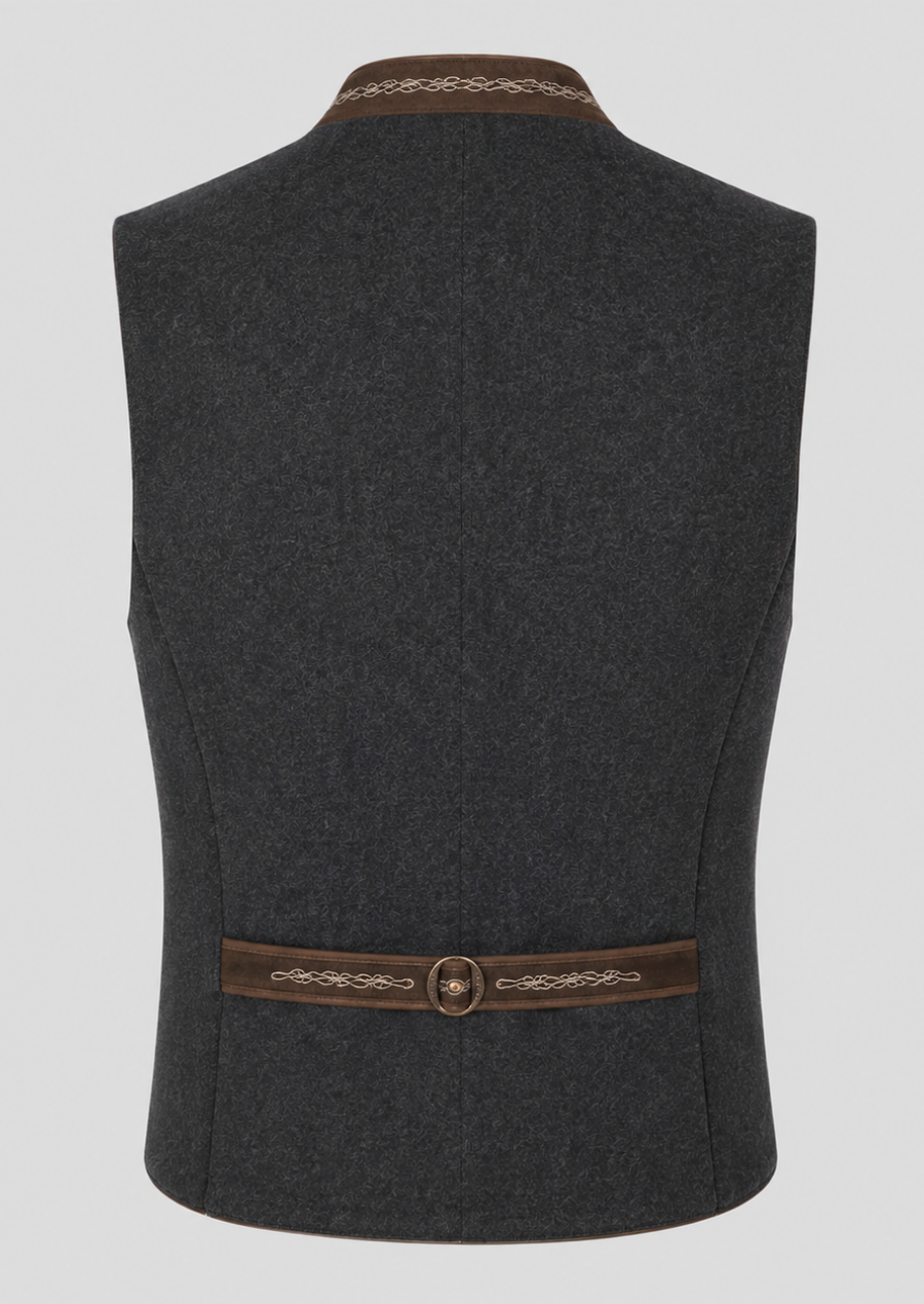 Authentic gray wool Trachten vest combining heritage craftsmanship, comfort, and embroidery