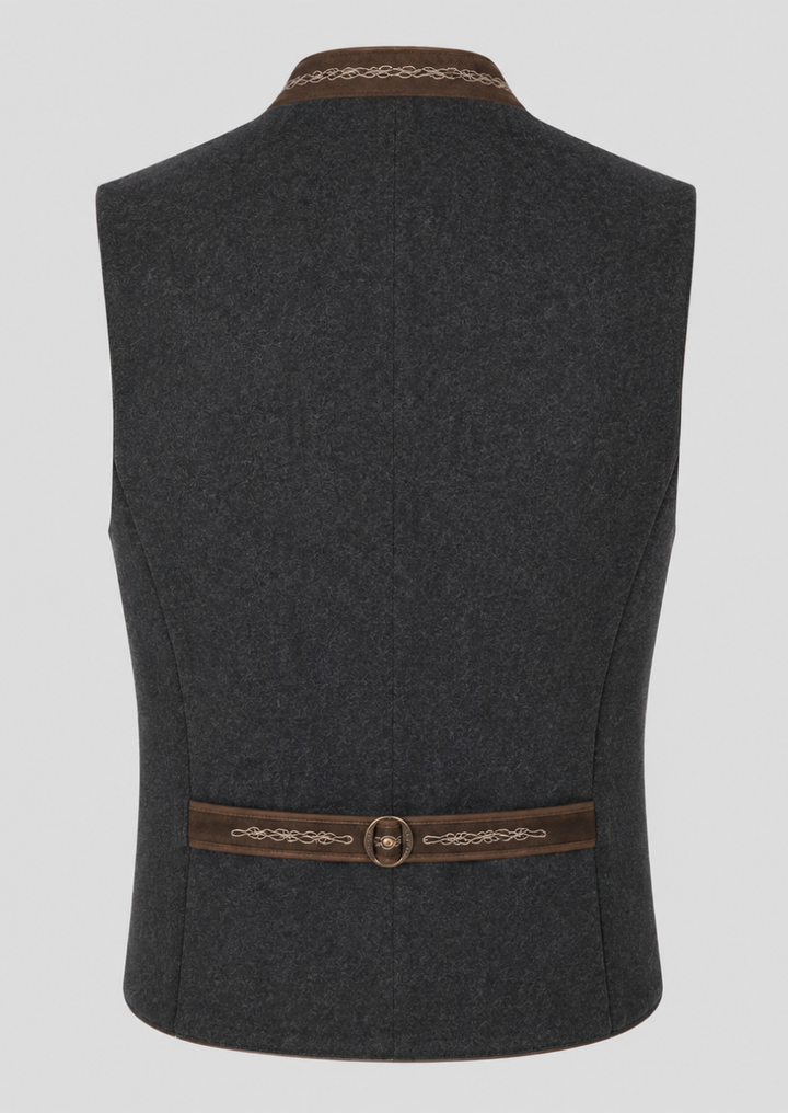 Authentic gray wool Trachten vest combining heritage craftsmanship, comfort, and embroidery