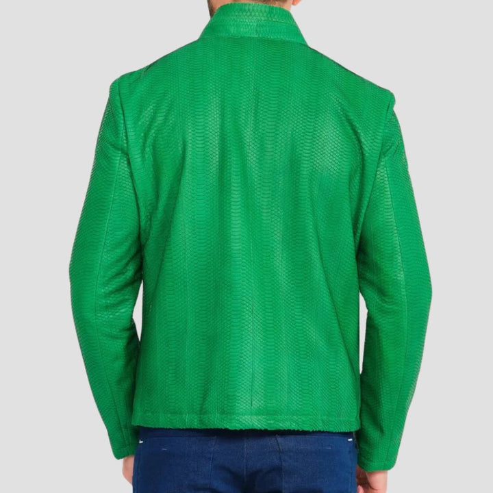 High-quality green python leather jacket showcasing detailed snake texture and premium craftsmanship.