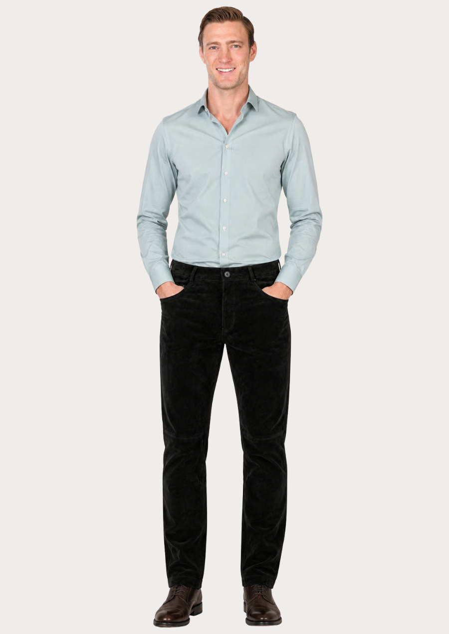 Premium lambskin suede pants in classic black with functional front and back pockets