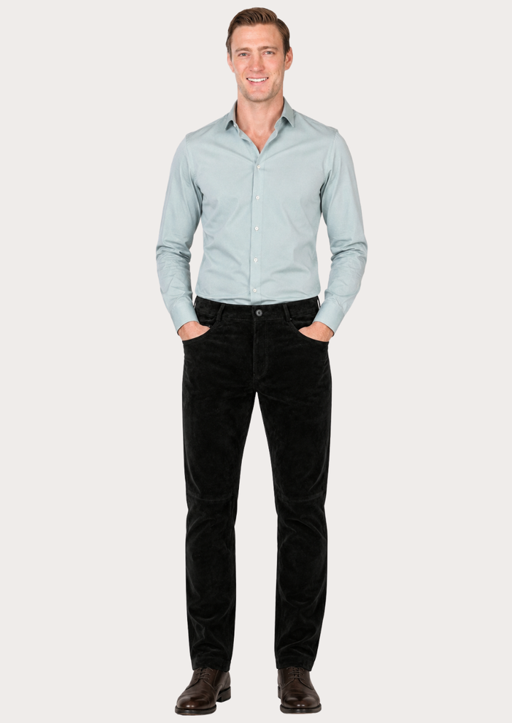 Premium lambskin suede pants in classic black with functional front and back pockets