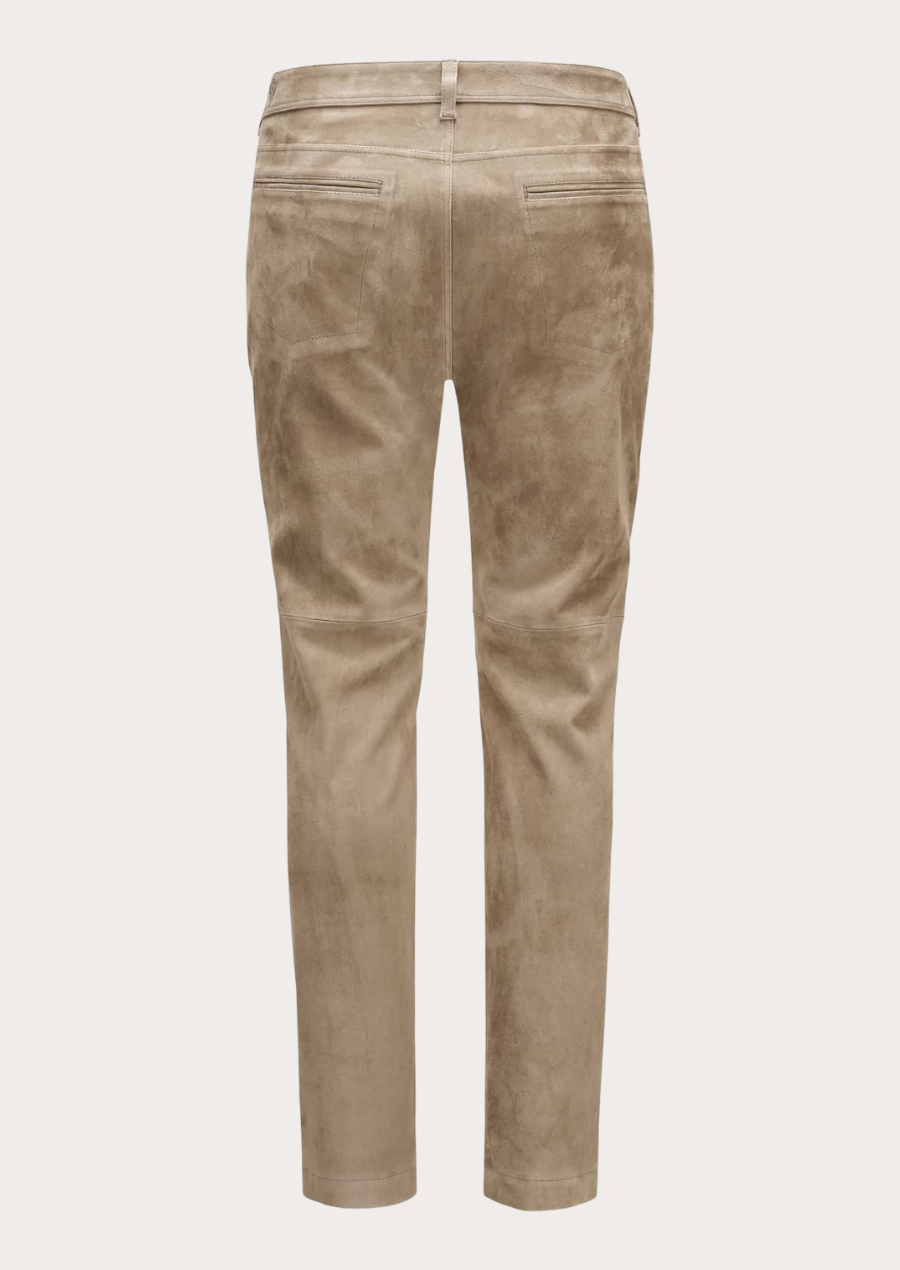 Classic beige lambskin suede leather pants combining sophistication, comfort, and durability