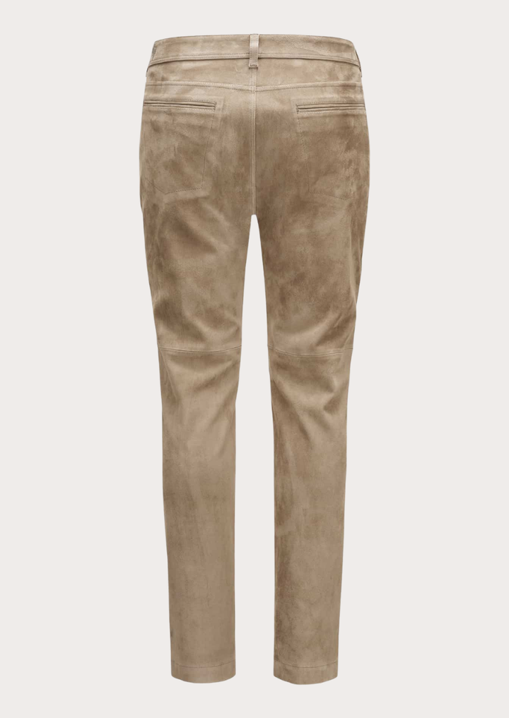 Classic beige lambskin suede leather pants combining sophistication, comfort, and durability