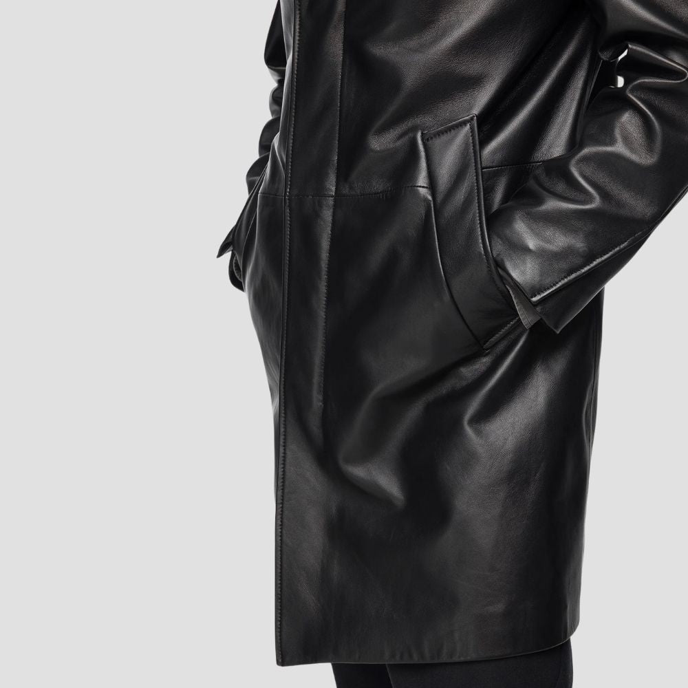 Black sheepskin leather trench coat with polyester lining.