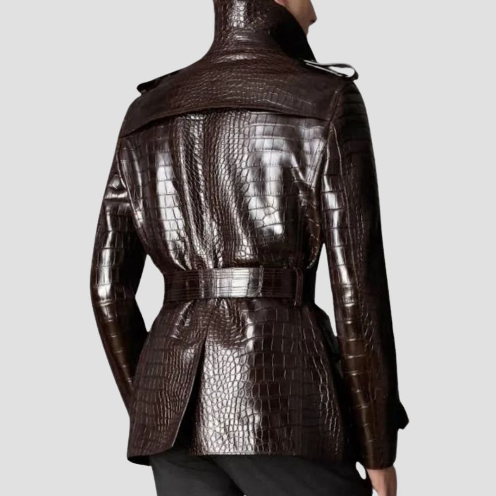 Stylish brown sheepskin leather coat with crocodile texture.