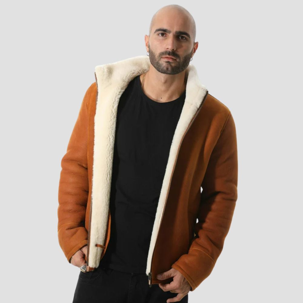 Classic brown lambskin shearling fur jacket for men.