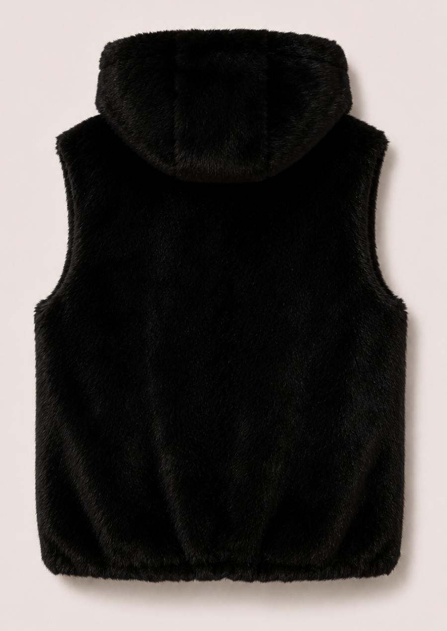 Premium black faux fur gilet for men with full zipper front and comfortable fit.