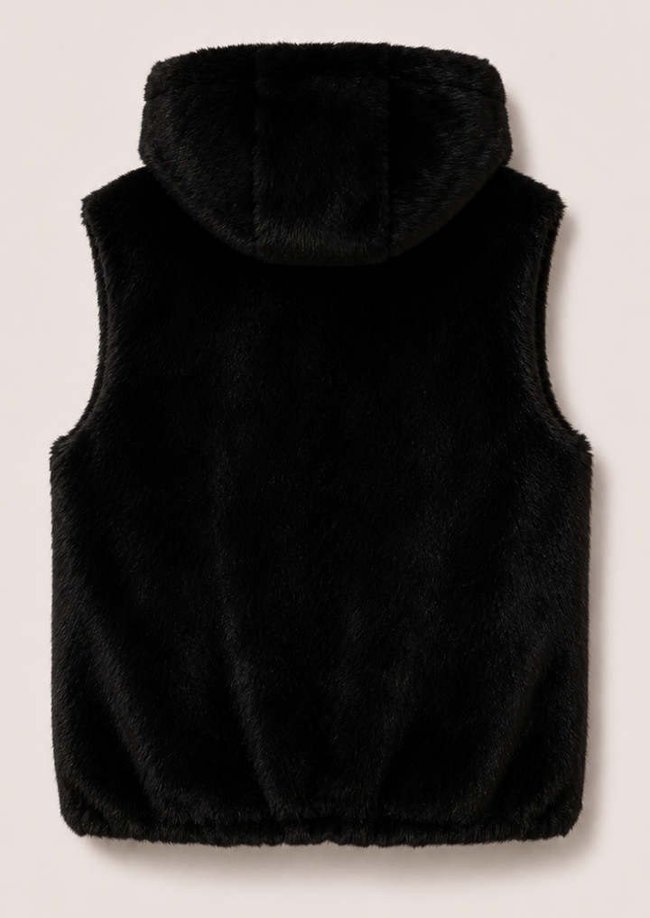 Premium black faux fur gilet for men with full zipper front and comfortable fit.