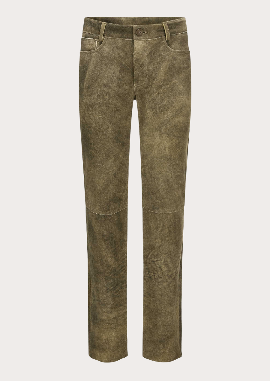 Premium olive brown suede leather pants for men with a refined heritage-inspired design