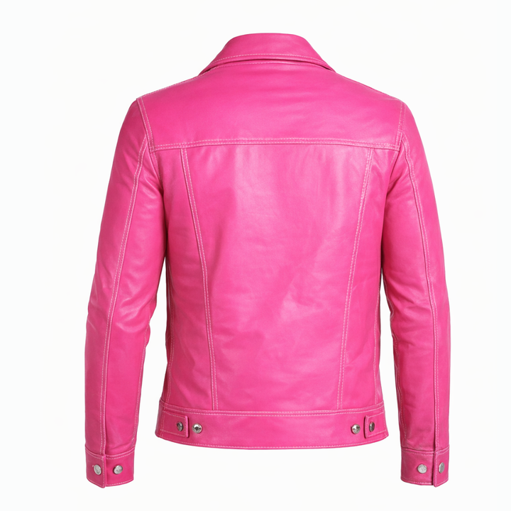 Men’s pink leather trucker jacket-inspired shirt trendy outfit