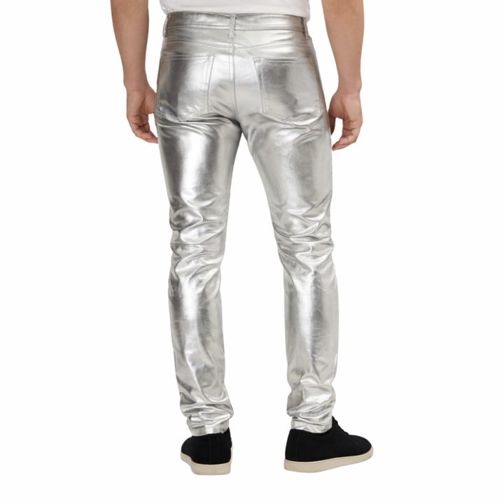 Men silver metallic leather trousers made from high-quality leather