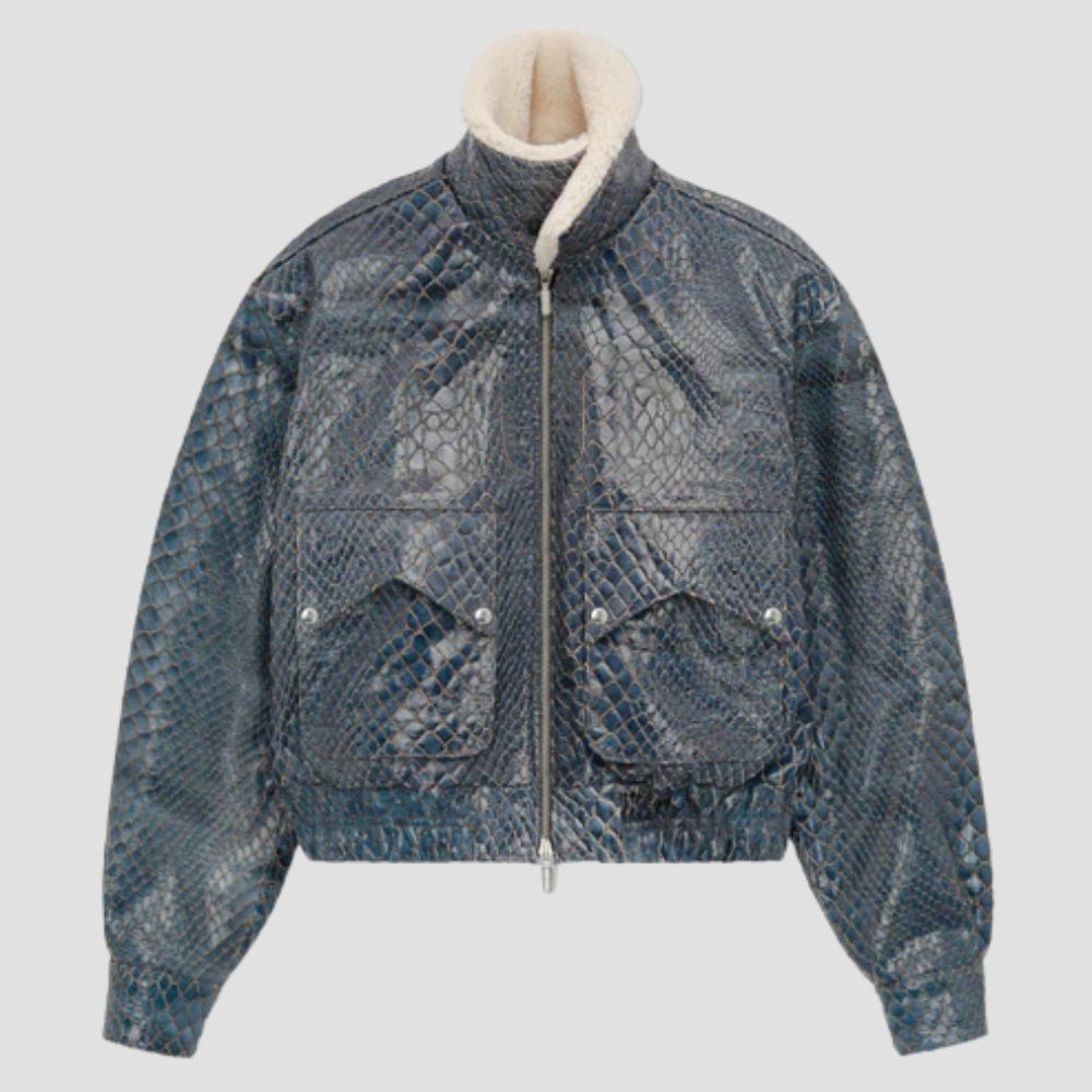 Combining exotic snakeskin leather with a plush fur collar, this jacket is the ultimate in modern elegance for men.