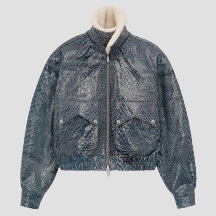 Combining exotic snakeskin leather with a plush fur collar, this jacket is the ultimate in modern elegance for men.