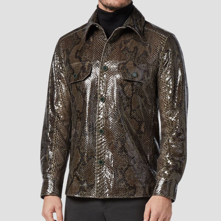 Make a statement with this premium snakeskin leather shirt, designed for men who want to stand out with bold, luxurious style.