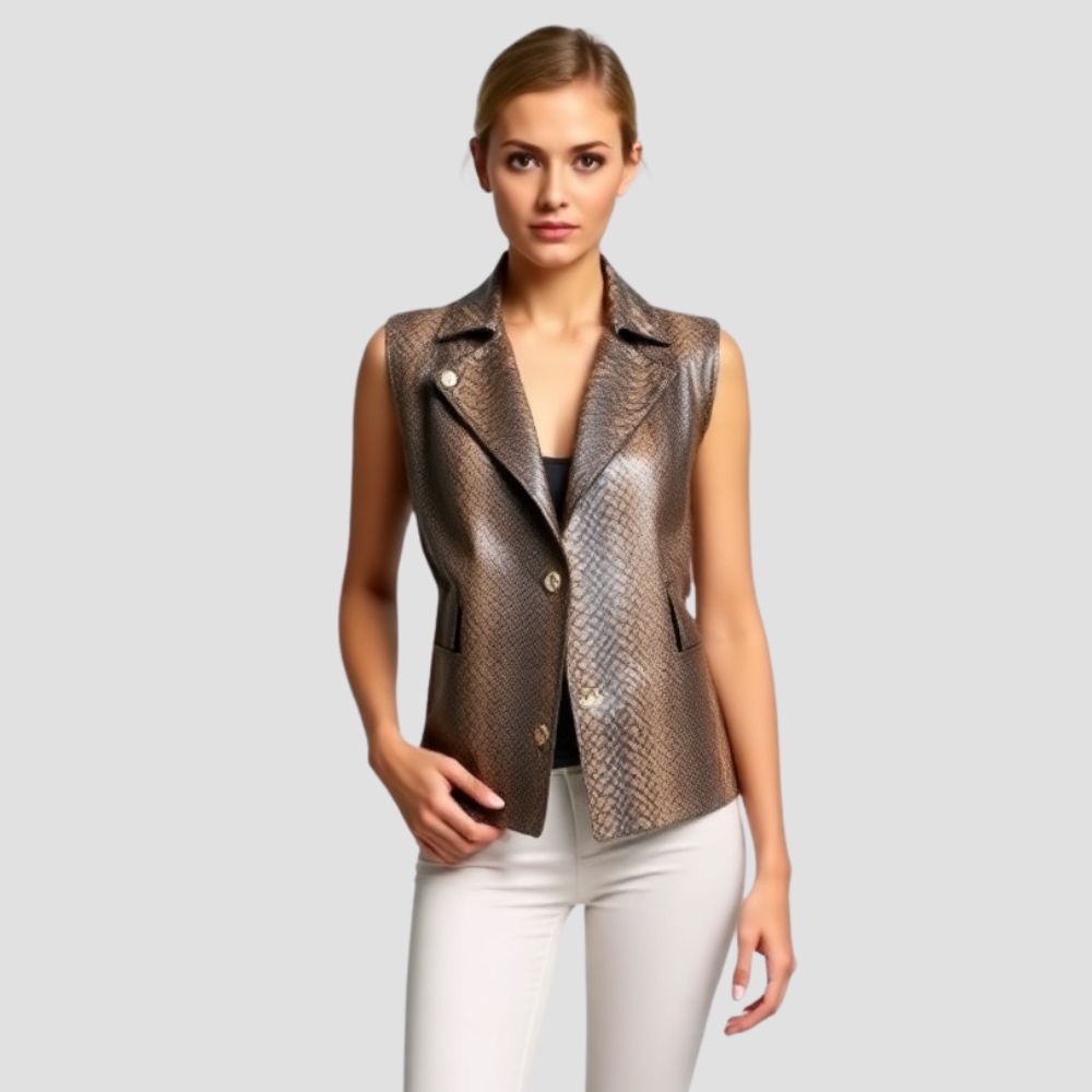  Bold, stylish snakeskin leather vest for women, offering a premium design that enhances any outfit with its edgy appeal.