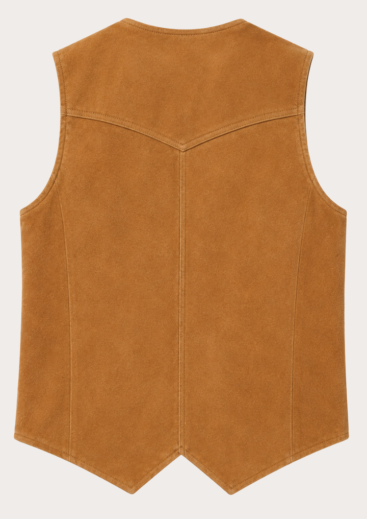 Premium tan suede ranch waistcoat for men with V-neck design.