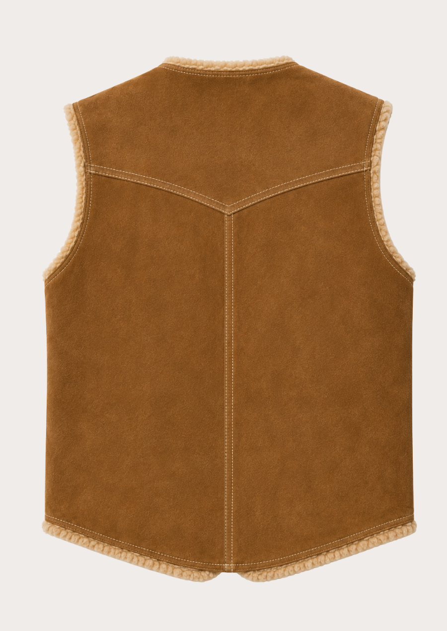 Sleeveless tan shearling vest featuring durable stitching and rustic Western appeal.
