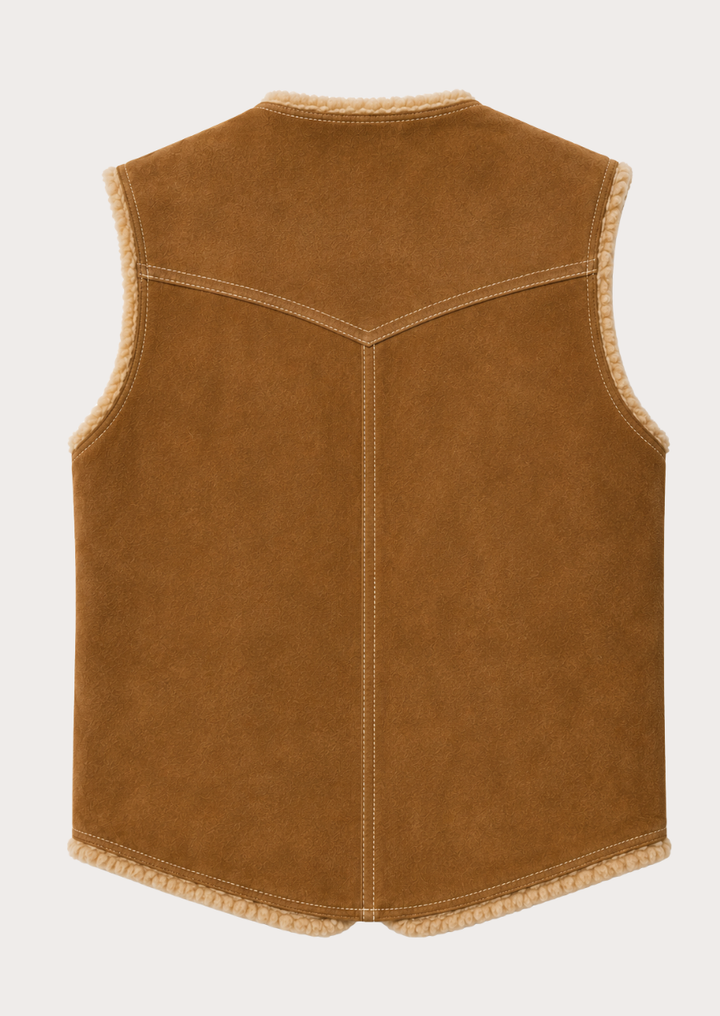 Sleeveless tan shearling vest featuring durable stitching and rustic Western appeal.