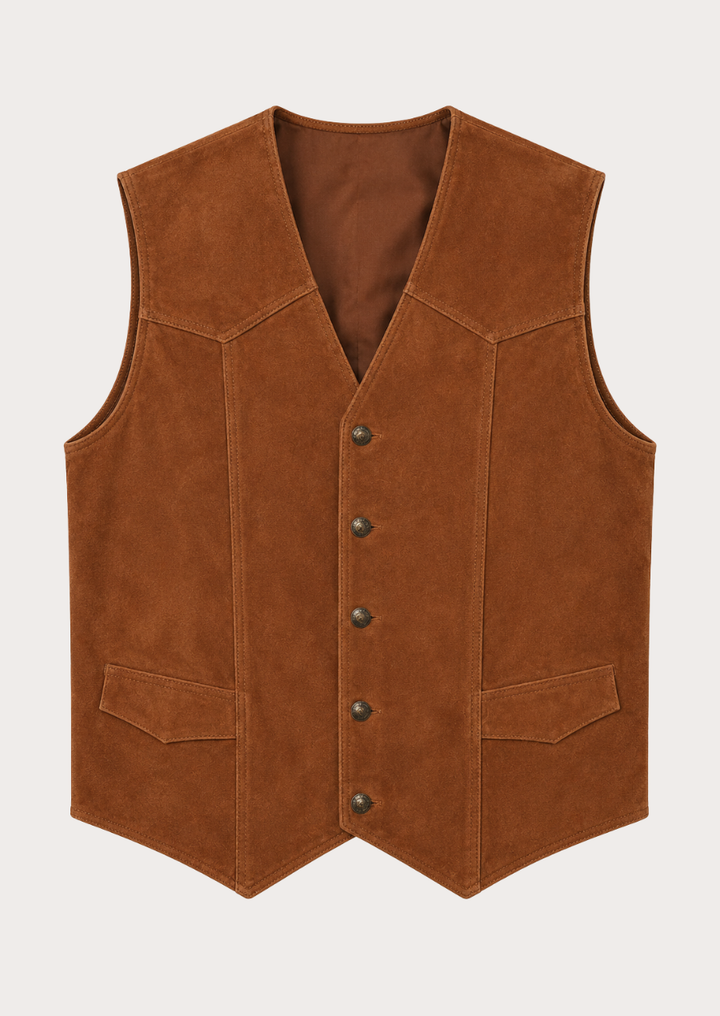 Tobacco brown Western waistcoat featuring flap pockets and V-neck design