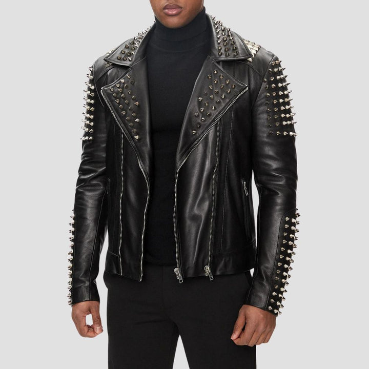 This premium studded black leather jacket combines edgy biker style with durability, perfect for any ride.