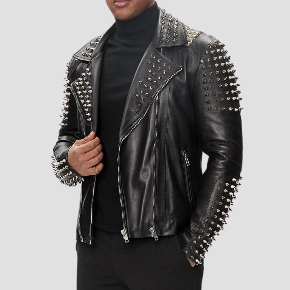 Add some bold flair to your motorcycle look with this stylish, studded black leather jacket, built for the road.